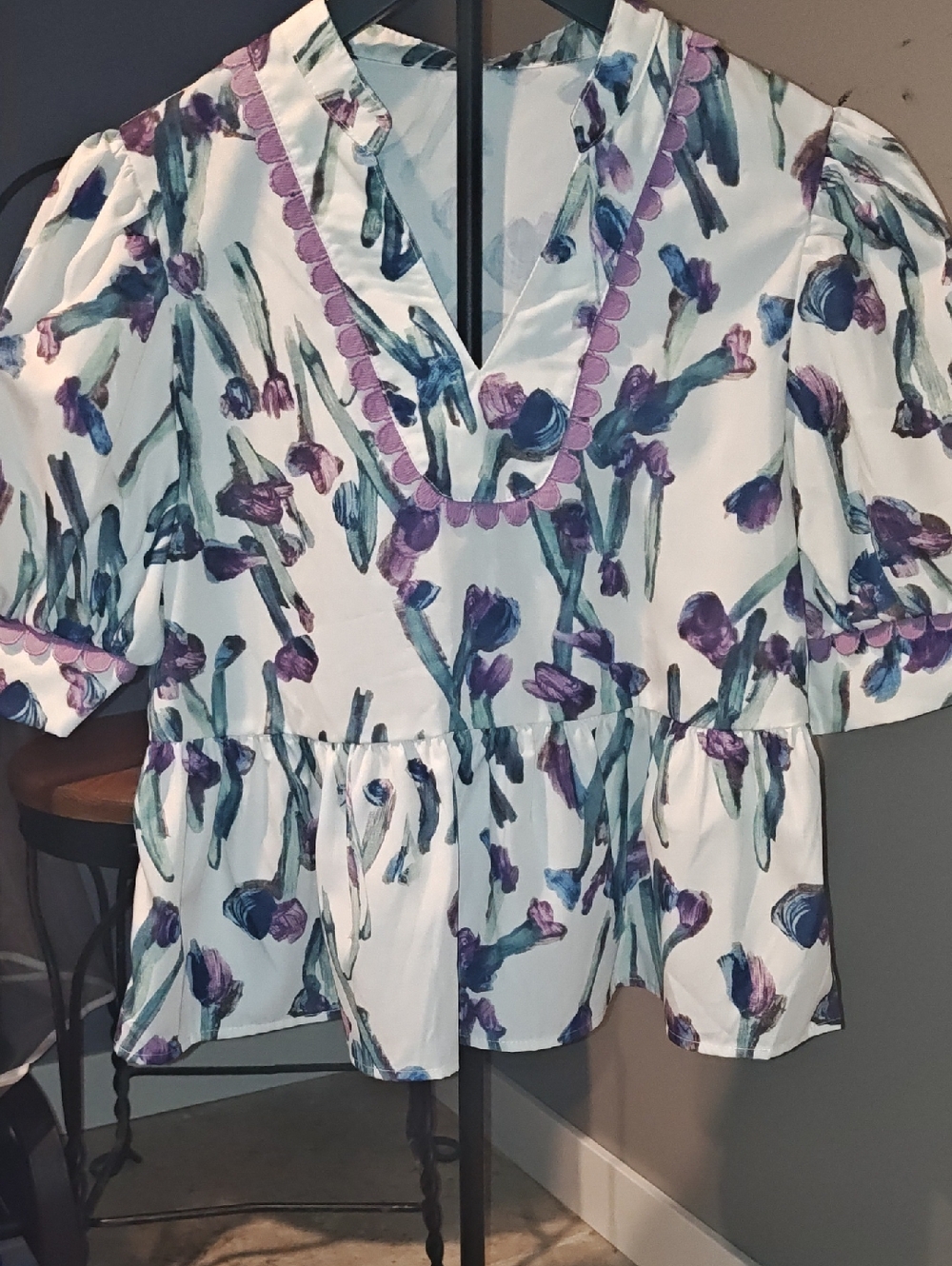 Women’s Boutique Floral Peplum Top in White with Purple & Teal Print